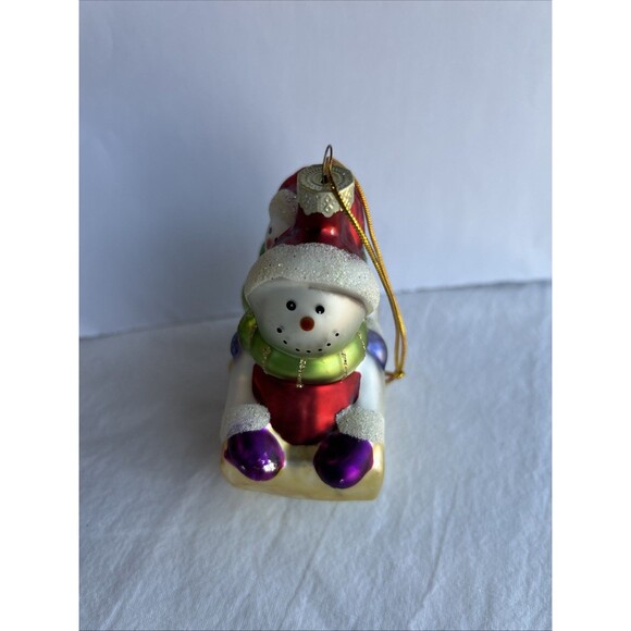 Vintage Glass Snowman Sled Ornament Hand Painted Glitter Christmas Holiday - Picture 2 of 7